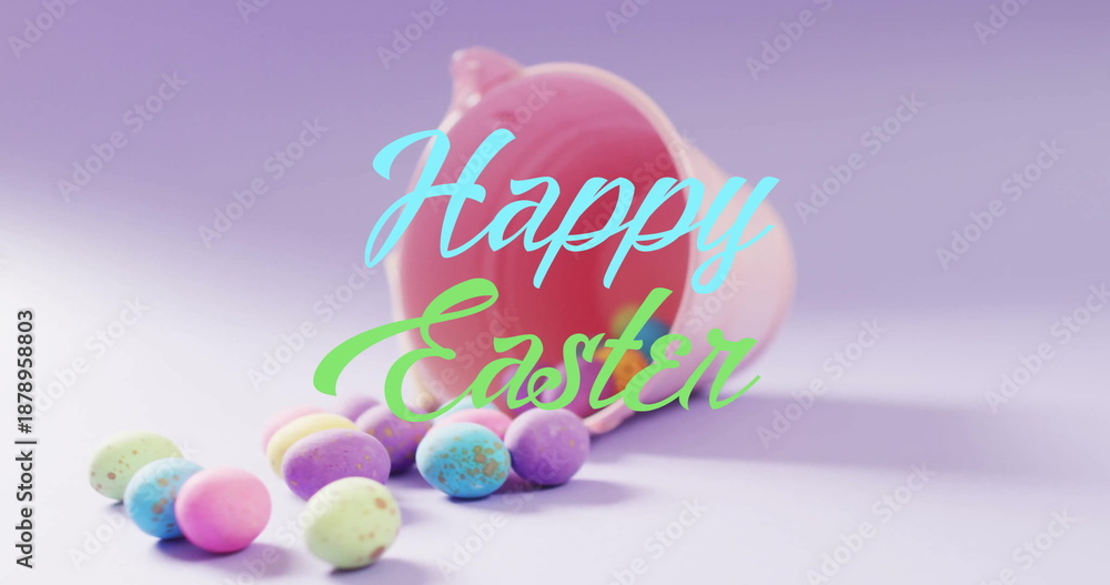 Fototapeta premium Image of happy easter text over colourful easter eggs and pink bucket on purple background