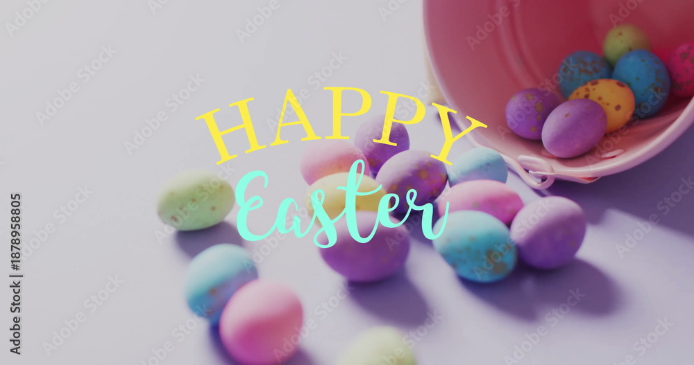 Naklejka premium Image of happy easter text over colourful easter eggs and pink bucket on purple background