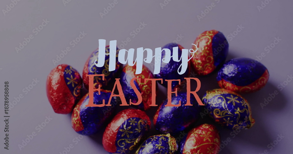 Naklejka premium Image of happy easter text over colourful easter eggs on purple background