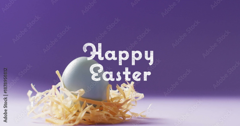 Obraz premium Image of happy easter text over blue easter eggs on purple background
