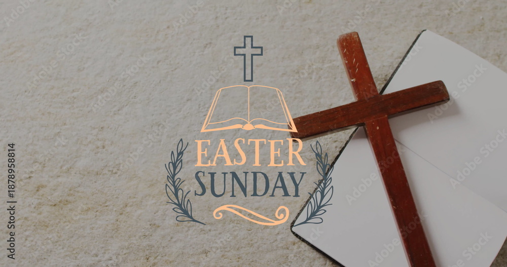 Fototapeta premium Image of easter sunday text over christian cross and book on grey background