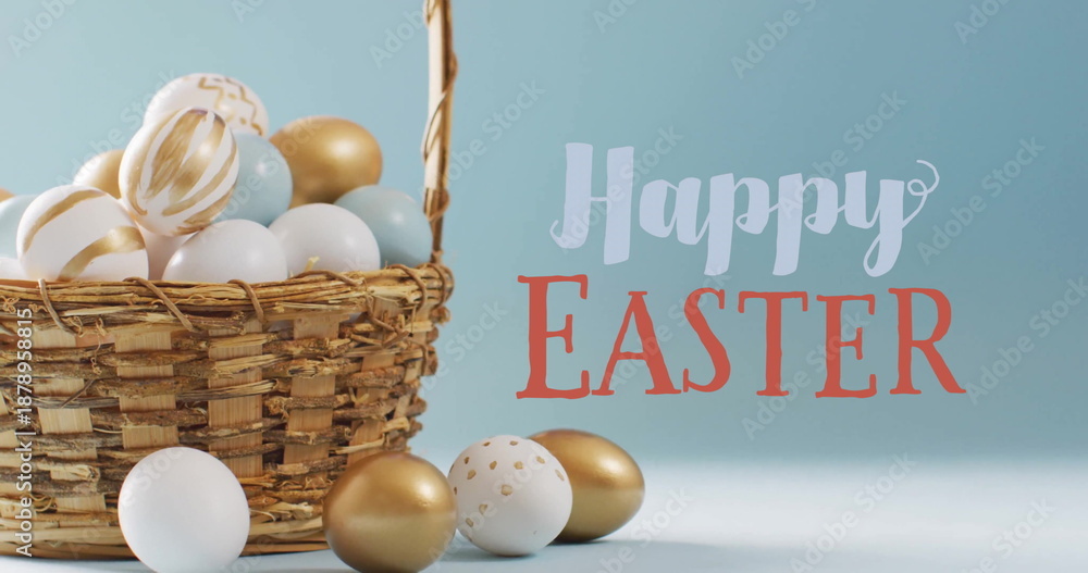 Fototapeta premium Image of happy easter text over white and gold easter eggs in bucket on blue background
