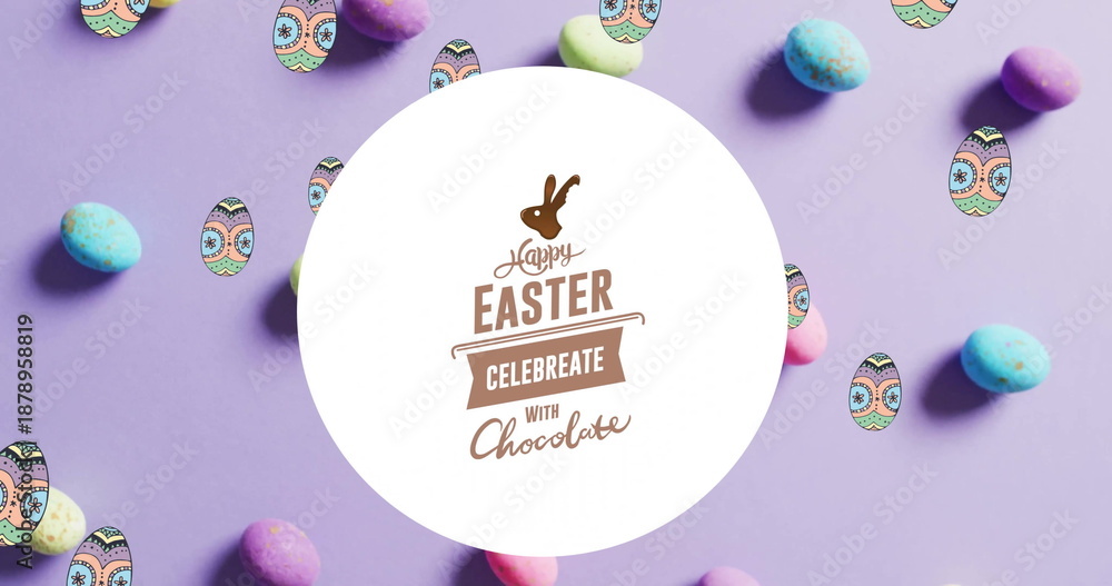 Fototapeta premium Image of happy easter text over colourful easter eggs on purple background