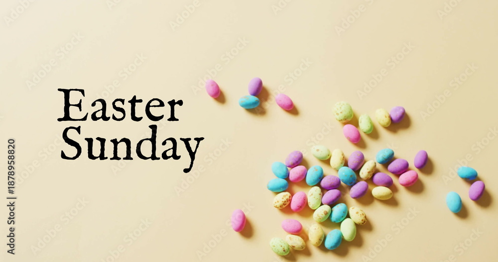 Fototapeta premium Image of eastersunday text over colourful easter eggs on yellow background