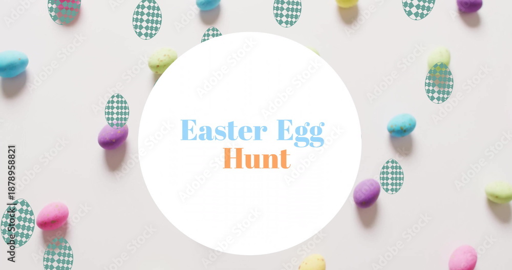 Fototapeta premium Image of easter egg hunt text over colourful easter eggs on white background