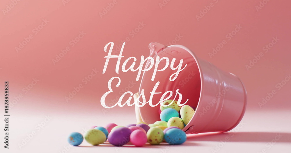 Fototapeta premium Image of happy easter text over colourful easter eggs and pink bucket on pink background
