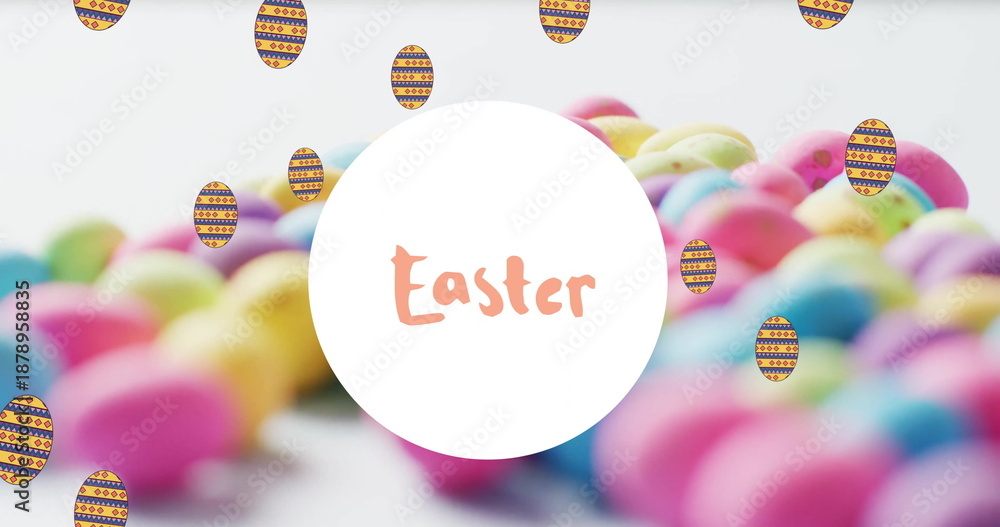 Fototapeta premium Image of easter text over colourful easter eggs on white background