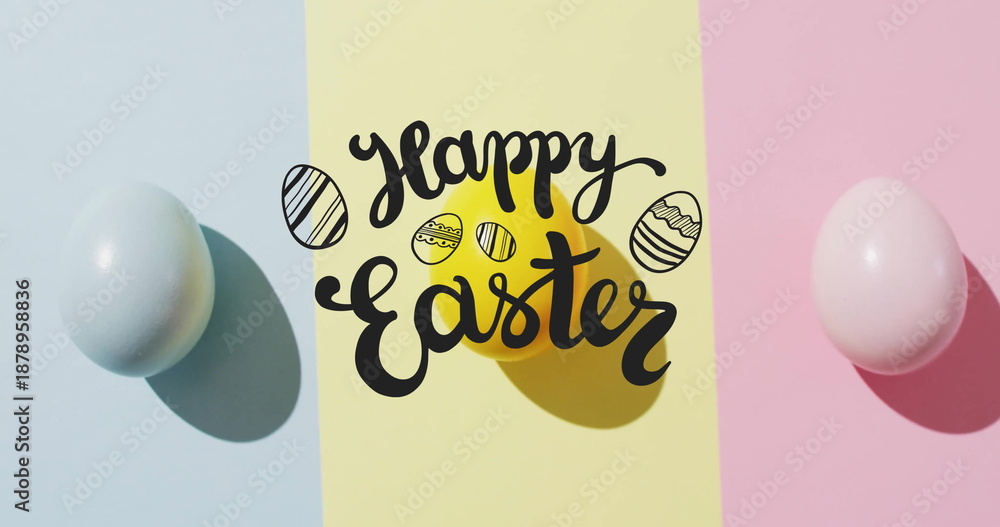 Fototapeta premium Image of happy easter text over colourful easter eggs on pink, yellow and blue background