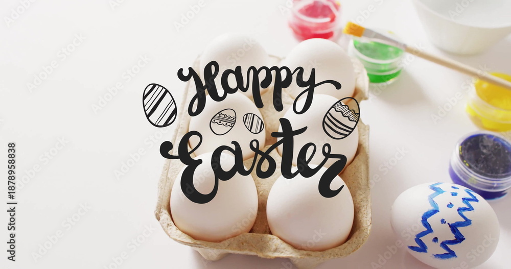 Fototapeta premium Image of happy easter text over eggs and paints on white background