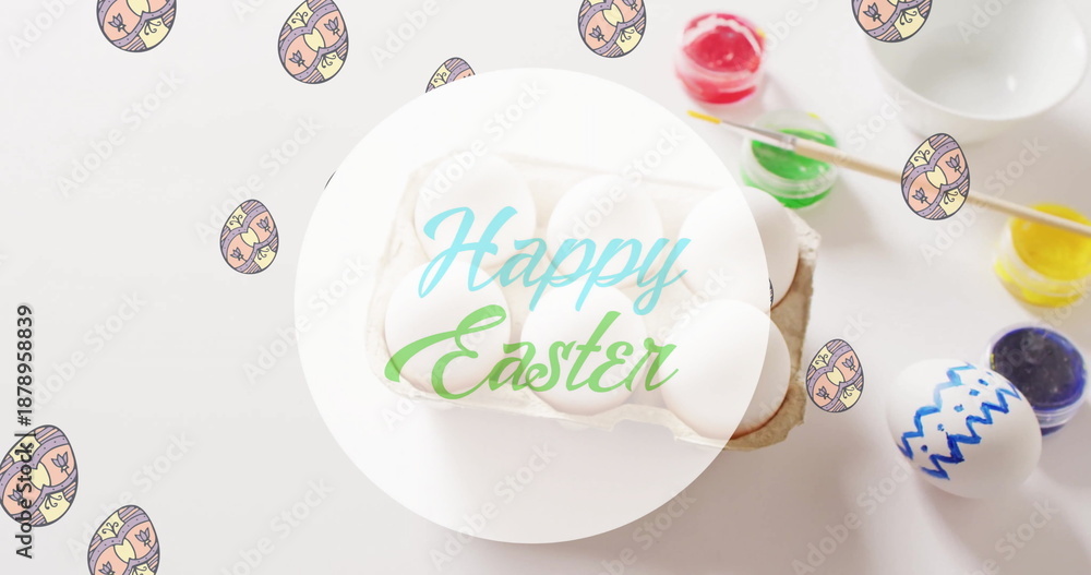 Fototapeta premium Image of happy easter text over eggs and paints on white background