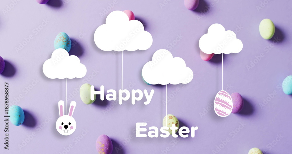 Fototapeta premium Image of happy easter text over clouds with colourful easter eggs on purple background
