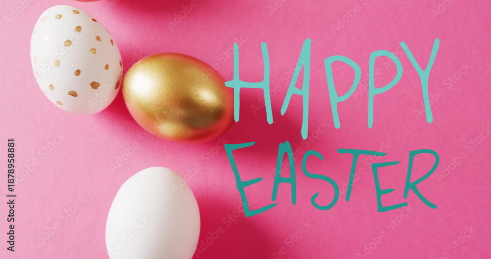 Fototapeta premium Image of happy easter text over gold and white easter eggs on pink background