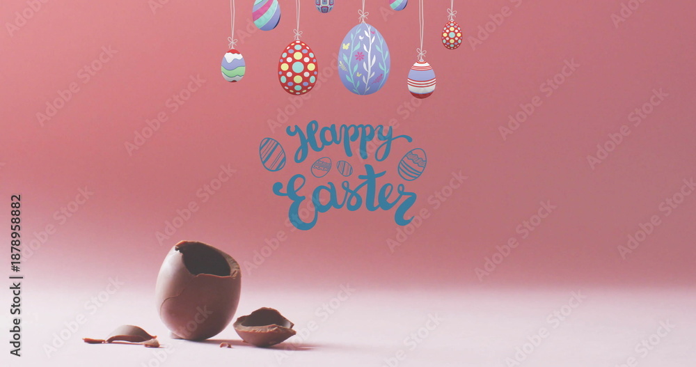 Fototapeta premium Image of happy easter text over colourful easter eggs on pink background
