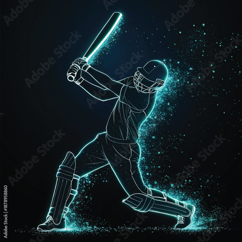 Neon silhouette of cricket player batting with blue particle effects
