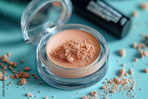 Close-up of translucent container with loose face powder. Neutral makeup tones are set against a clean, vibrant blue backdrop.