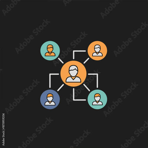Flat design illustration of a central figure connected to four others in a network on a black background with orange, blue and green colors.