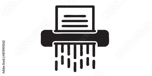 Document shredding vector icon, paper file destruction symbol, particle cut concept, black outline and filled style, isolated on transparent background, simple modern design