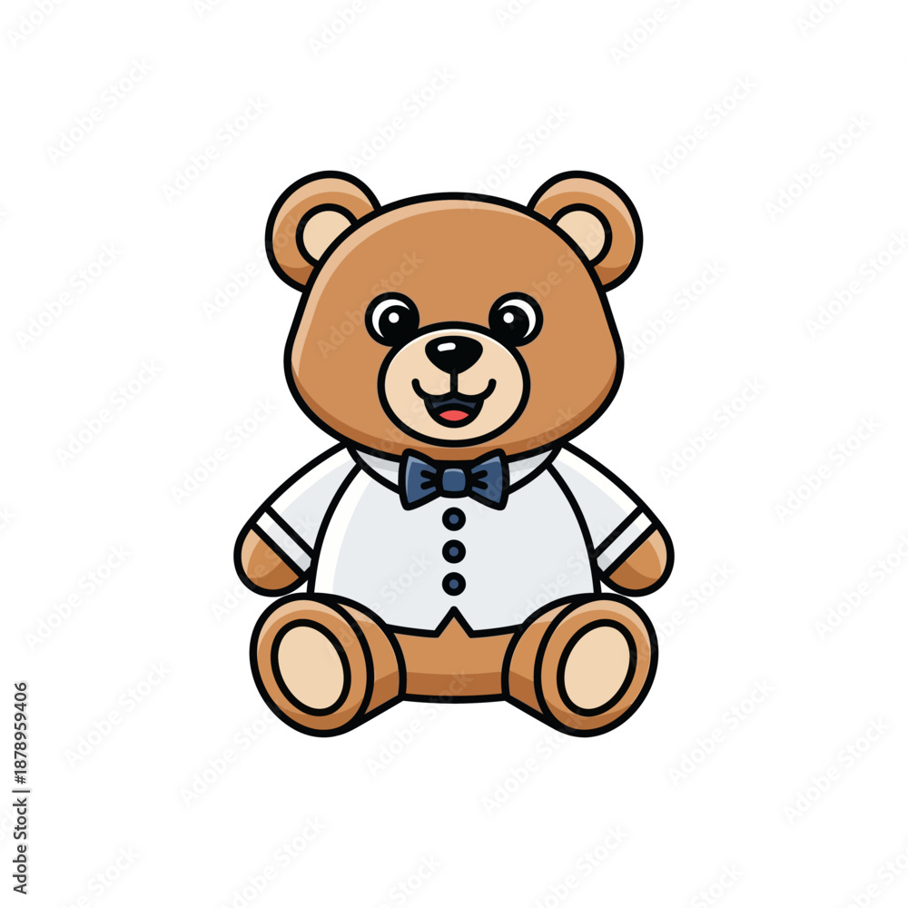Obraz premium Cute brown teddy bear in white shirt and blue bow tie sitting happily