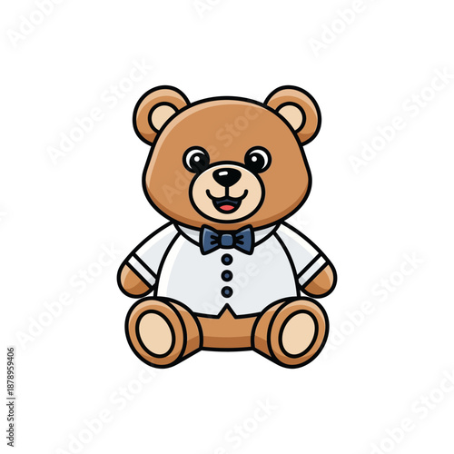 Cute brown teddy bear in white shirt and blue bow tie sitting happily