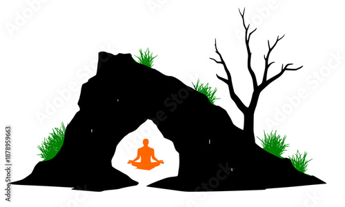 Yoga Meditation Silhouette in Rock Cave with Dead Tree and Green Grass, Spiritual Mindfulness Concept, Zen Background, Abstract Nature Illustration, Peace and Serenity Vector Design