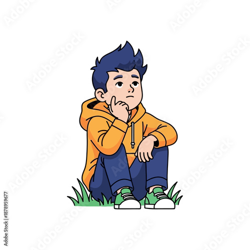 Curious young man in orange hoodie and jeans sitting on grass thinking deeply