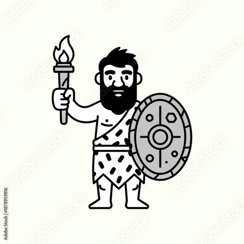Bearded warrior holding torch and shield cartoon style illustration