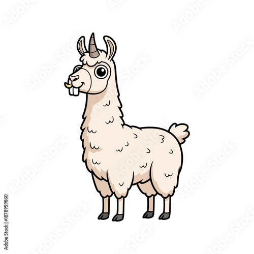Cute llama cartoon character with horns and flower standing against white background
