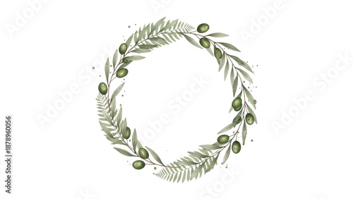 Watercolor greenery wreath with olive branches and fern leaves. Minimalist botanical circle frame for logo and branding composition.