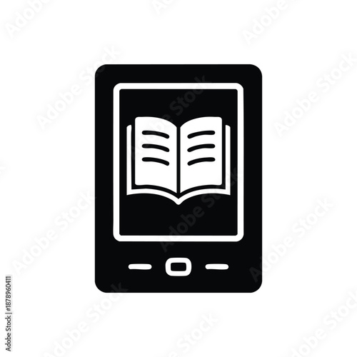 Black and white vector ebook reader icon with open book on digital tablet screen for online reading and library apps