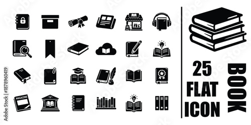 Black and white book icon set education library reading flat vector collection
