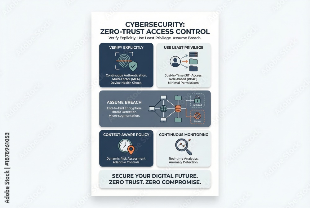 Obraz premium Cybersecurity Zero Trust Access Control Framework Ensuring Data Integrity Through Explicit Verification and Continuous Monitoring Against Breaches with Dynamic Risk Assessment Tools