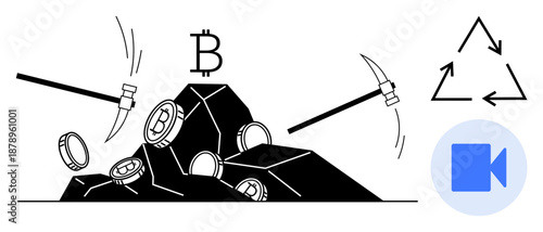 Cryptocurrency, blockchain technology, digital economy, renewable energy, data mining, financial technology. Pickaxes targeting bitcoins on rocks, recycling arrows and video icon. Cryptocurrency