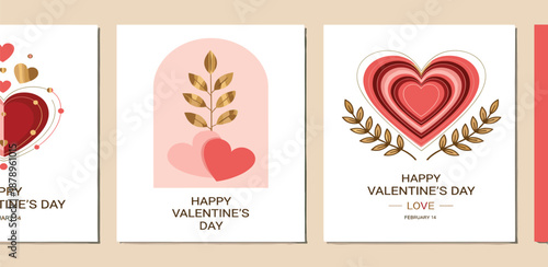 Collection of elegant flat design Valentine's Day greeting cards featuring heart motifs, subtle floral elements, and romantic messages, perfect for expressing love