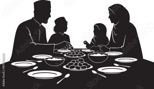 Black and White Silhouette Illustration of Muslim Family Sharing Meal Together