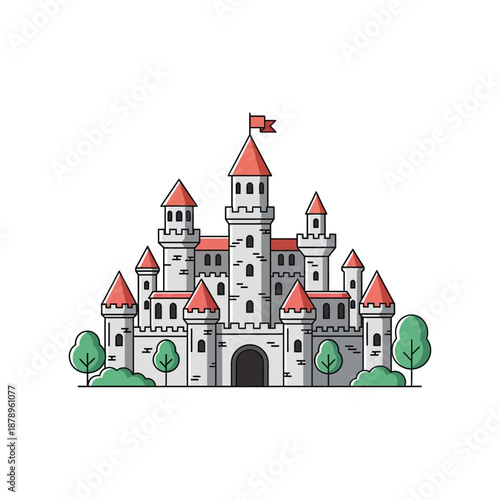 Medieval castle illustration with towers and flag in a serene green landscape
