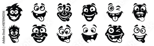 Set of silly fun face silhouette art. Funny large pack of vector silhouette design and isolated on white background