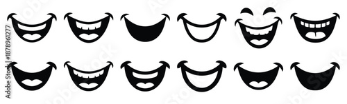 Set of silly fun grin silhouette art. Funny large pack of vector silhouette design and isolated on white background