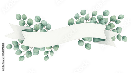 Watercolor green floral banner with silver dollar eucalyptus leaves and branches isolated on white background.
