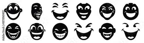 Set of silly grin face silhouette art. Funny large pack of vector silhouette design and isolated on white background