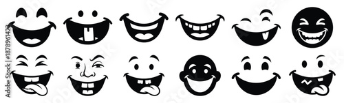 Set of silly humor smile silhouette art. Funny large pack of vector silhouette design and isolated on white background