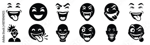 Set of silly joke grin pop silhouette art. Funny large pack of vector silhouette design and isolated on white background