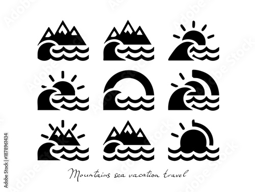 Mountains sea sun travel vacation adventure in the form of QR code, barcode