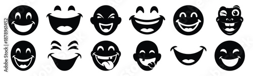 Set of silly joke smile silhouette art. Funny large pack of vector silhouette design and isolated on white background