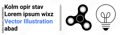 Education, productivity, innovation, creativity, ideas, modern design. A pen, fidget spinner and light bulb next to placeholder text. Productivity and innovation concept