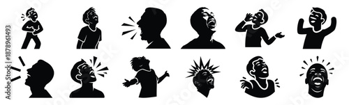 Set of silly laugh burst silhouette art. Funny large pack of vector silhouette design and isolated on white background