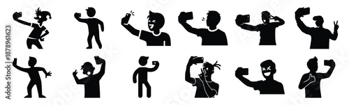 Set of silly selfie silhouette art. Funny large pack of vector silhouette design and isolated on white background