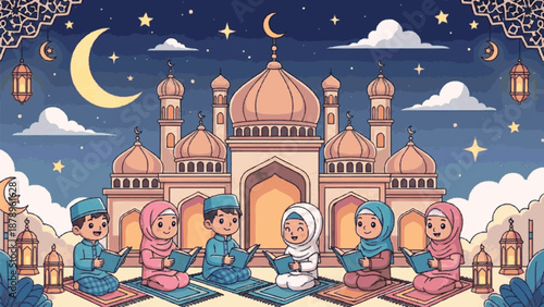 Ramadan Kareem Children in Traditional Attire Reading the Quran in Front of a Mosque Under the Night Sky with Crescent Moon and Stars