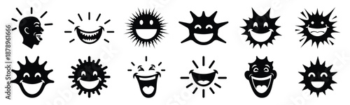 Set of silly smile burst silhouette art. Funny large pack of vector silhouette design and isolated on white background