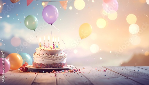 Colorful birthday cake with candles and balloons at a celebration scene in the evening light with soft bokeh effects