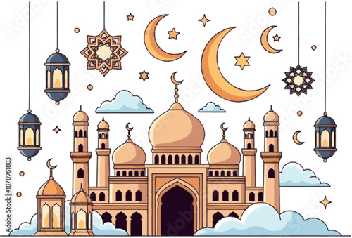 Vibrant illustration of a grand mosque under a starlit sky, featuring crescent moons, stars, and glowing lanterns, symbolizing Islamic festivals and spiritual celebrations